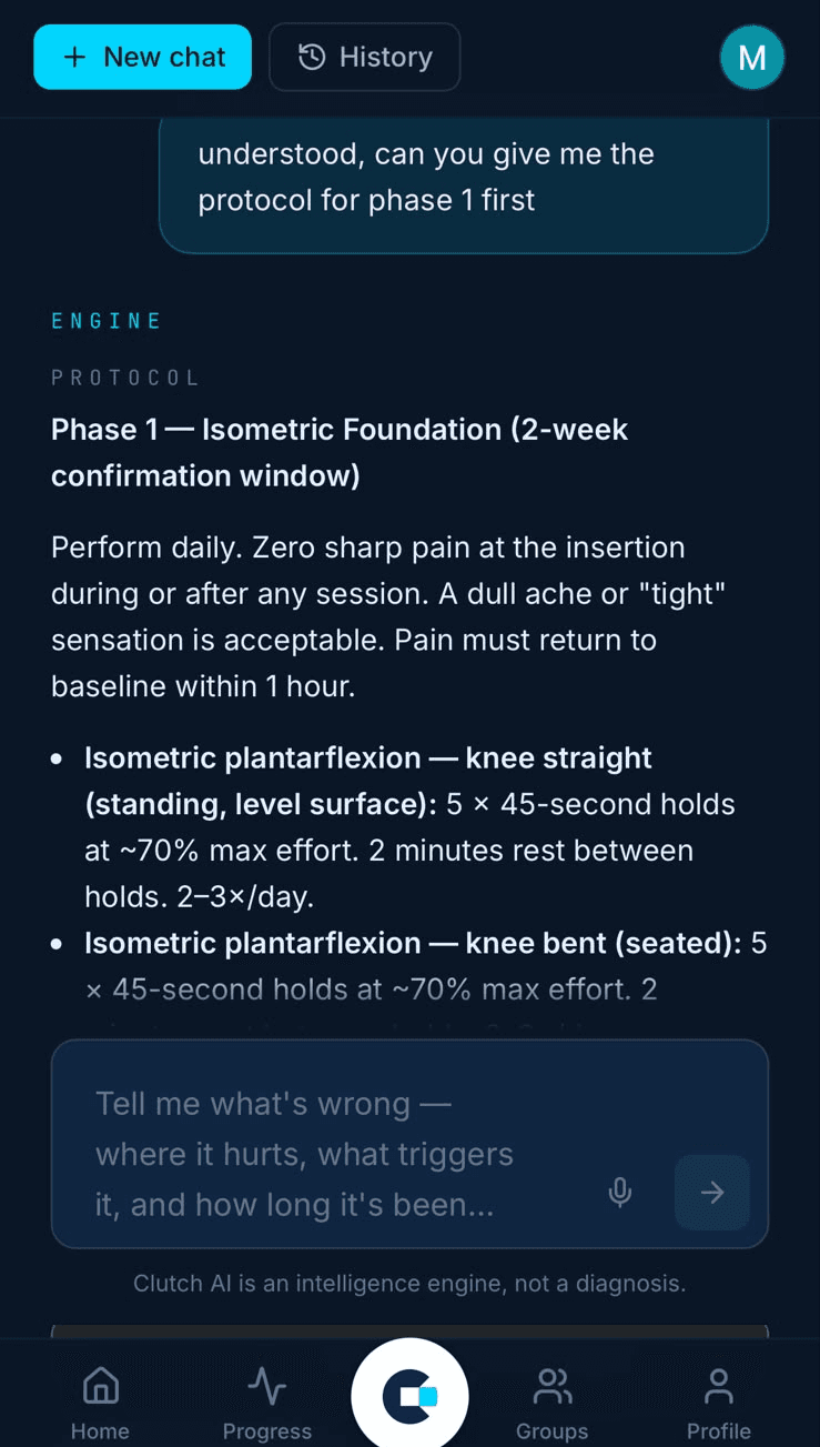 A Clutch AI chat returning a Phase 1 protocol with cited progression criteria.