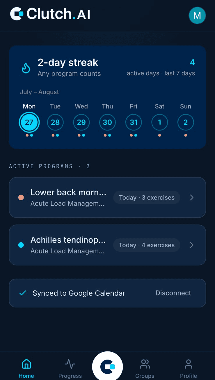 A Clutch AI weekly plan across two programs, ready to sync to Google Calendar.